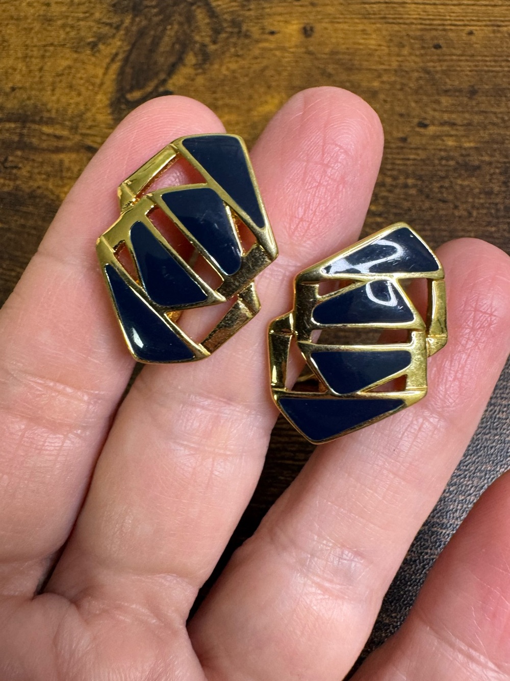 Monet Gold Plated Clip-On Earrings with Navy Enamel 1980’s Geometric Art Deco